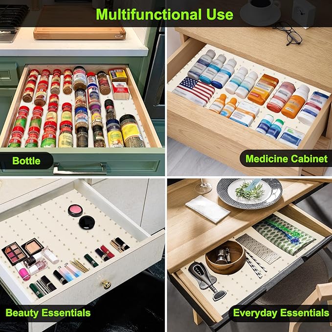 Gosmol Spice Drawer Organizer insert, Adjustable & Non-Slip Silicone Spice Drawer Liner, in Drawer Spice Organizer for Seasoning Jars and Spices Bottles Spice Rack -Pearl-NeatNest