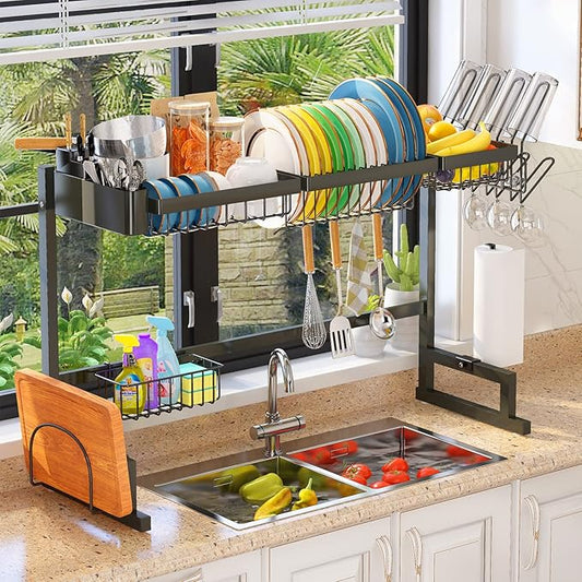 ADBIU Over The Sink Dish Drying Rack (Expandable Height and Length) Snap-On Design 2 Tier Large Dish Rack (24" - 35.5"(L) x 12.1"(W) x 19" - 22"(H))
