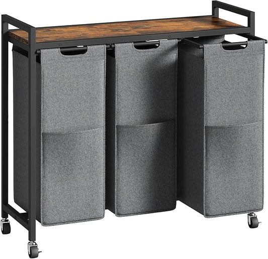 HOOBRO Laundry Sorter 3 Section, Laundry Hamper with Wheels, 3 × 11.5 Gal (43.4L), Rolling Laundry Basket, Pull-Out and Removable Oxford Fabric Laundry Bags, Rustic Brown and Grey BFG76XY01-NeatNest