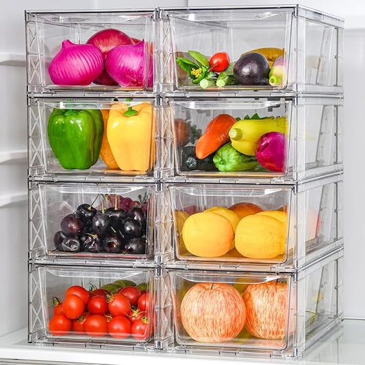 8Pack Clear Stackable Kitchen Storage Organizer,Pantry Organizers and Storage,Foods Organizer Bins with Handles, Easily Assemble for Bathroom, Kitchen, Refrigerator, Pantry, Cabinet, Closet-NeatNest