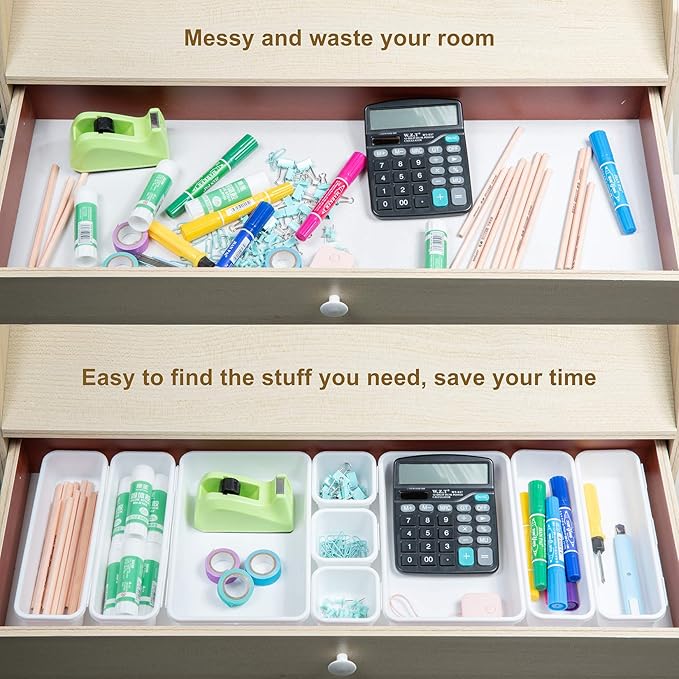 BYCY 18 Pcs White Drawer Organizers Trays Set Drawer Dividers for Kitchen Office Bathroom, Interlocking Bin Pack (18 Pieces)-NeatNest
