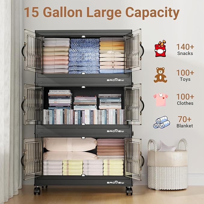 180Qt Stackable Storage Bins with Lid, Extra Large Closet Organizer Collapsible Drawer Boxes with Wheels, Folding Plastic Cabinet Containers for Home Kitchen Room Organization, 3Pack Black