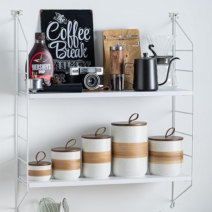 Ceramic Jar with Lid, Coffee Container Kitchen Food Storage Jars for Spice Sugar Tea Bag, Stackable Decorative Jars for Countertop, White & 18oz-NeatNest