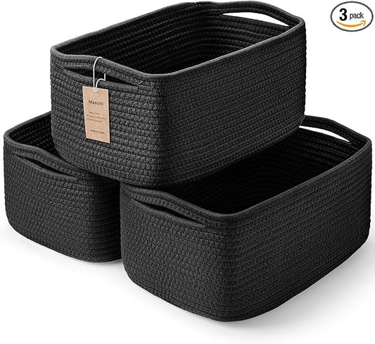 3-Pack Storage Baskets for Organizing | Woven Shelf Toy Basket | Rope Baskets for Gifts Empty | Closet Organizer Bins with Handles | Cube Decorative Box | 13.7×7.1×6.7” | Mixed Black-NeatNest