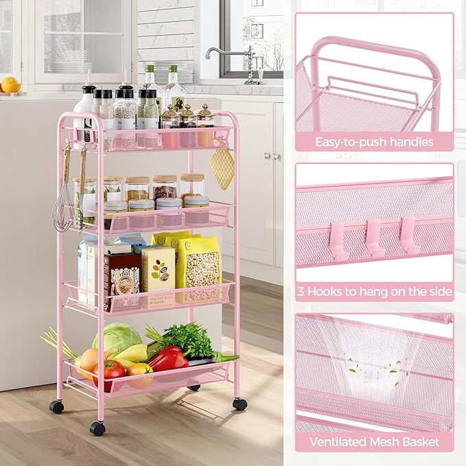 4-Tier Metal Utility Cart, Mesh Wire Rolling Cart on Wheels, Storage Trolley with Easy Assembly, Organizer Craft Cart 3 Hooks, Mobile Shelving Unit for Bathroom, Laundry Room, Home
