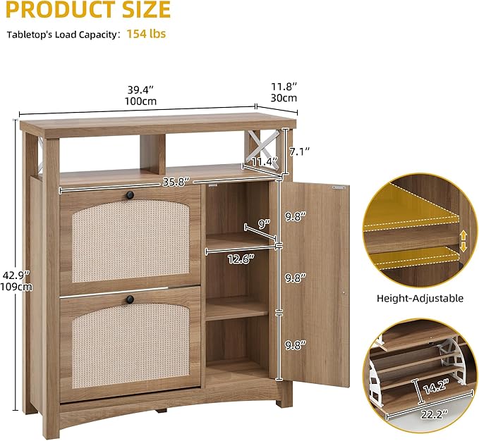 DWVO Farmhouse Shoe Cabinet with 2 Flip Drawers, Rattan Shoe Rack w/Door, Entryway Shoe Organizer with Open Storage & Adjustable Shelves, Rustic Hidden Shoes Storage Cabinet for Foyer, Hallway, Oak-NeatNest