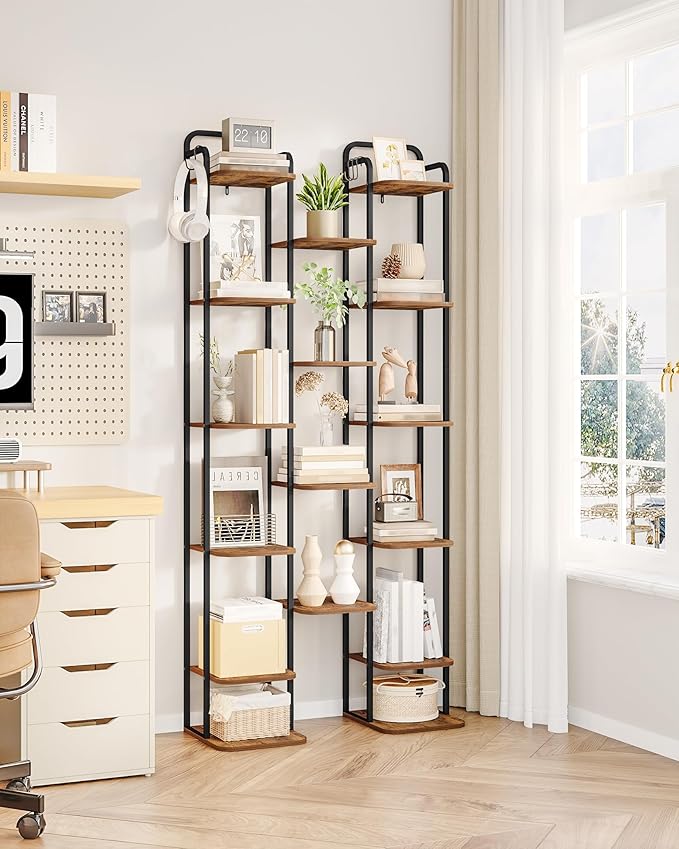 10 Tiers Vertical Shoe Rack, Narrow Shoe Tower, Tall Shoes Shelf with 2 Hooks, Adjustable Shelves, Corner Shoes Shelves for Small Spaces, Entryway, Living Room, Rustic Brown SR11201B-NeatNest