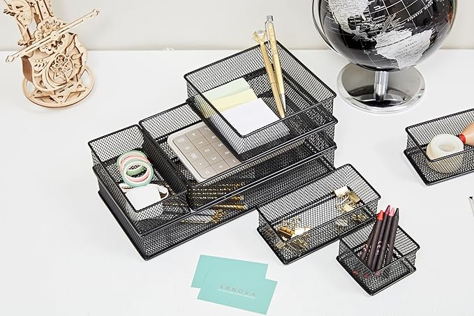 Annova Mesh Stackable Drawer Cabinet and Shelf Organizer Bins Storage Basket School Office Supply Holder Tray- Set of 2 (Black, 6x6x2 Inch)-NeatNest