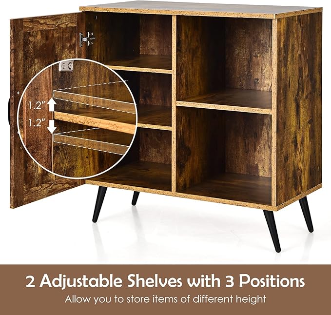 Giantex Mid-Century Storage Cabinet, Buffet Sideboard with Single Door & Adjustable Shelves, Free-Standing Cupboard, Wooden Accent Side Cabinet for Living Room, Rustic Brown