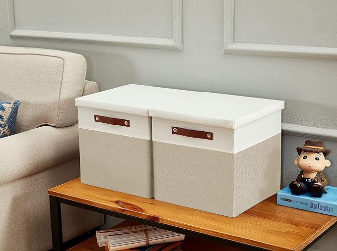 DECOMOMO Storage Basket with Lid, Storage Cubes with Handles, Fabric Box with Lid (Beige and White, 11” / 3 Pack)-NeatNest