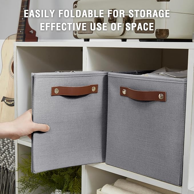 Collapsible Fabric Storage Cube Bins with 2 Reinforced PU Handles, Foldable Storage Organizer Baskets for Closet, Shelves, Living Room | 11"x11"x11", 4 Pack, Full Gray-NeatNest