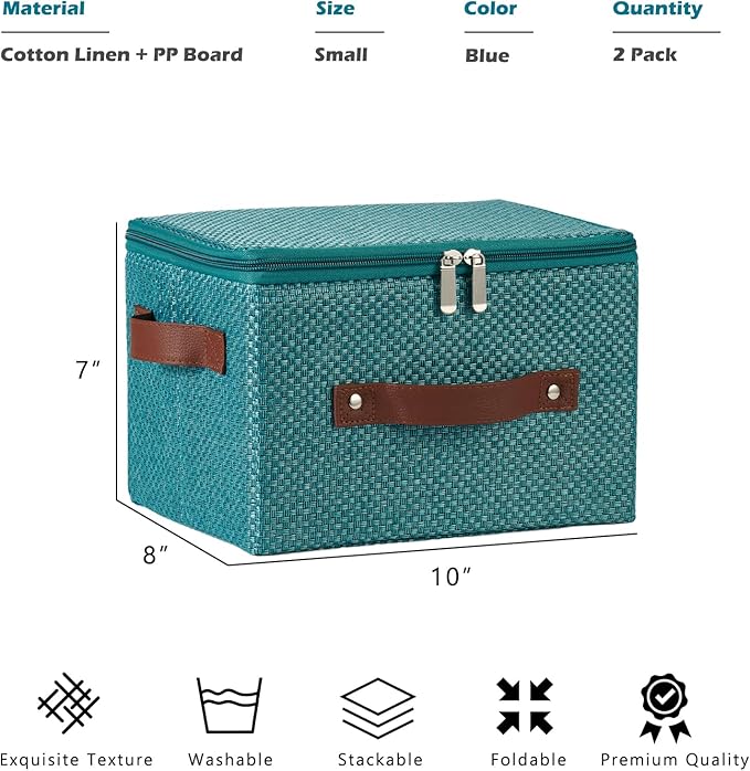 2PCS Storage Bins with Lid Fabric Storage Box Basket PU Leather Handle Textured Woven Cotton Linen Decorative Foldable Washable Shelf Closet Organizer Container (Zipper Lid, Blue, Small)-NeatNest