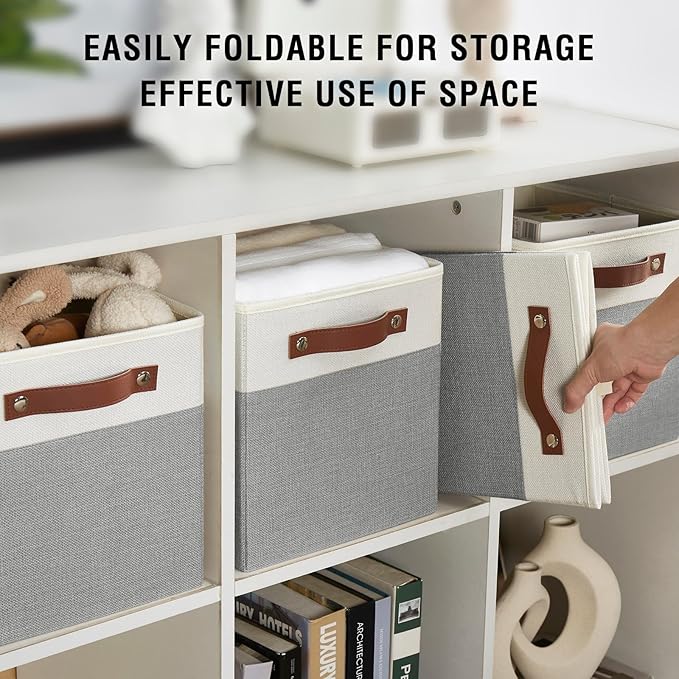 Collapsible Fabric Storage Cube Bins with 2 Reinforced PU Handles, Foldable Storage Organizer Baskets for Closet, Shelves, Living Room | 11"x11"x11", 4 Pack, Gray & White-NeatNest