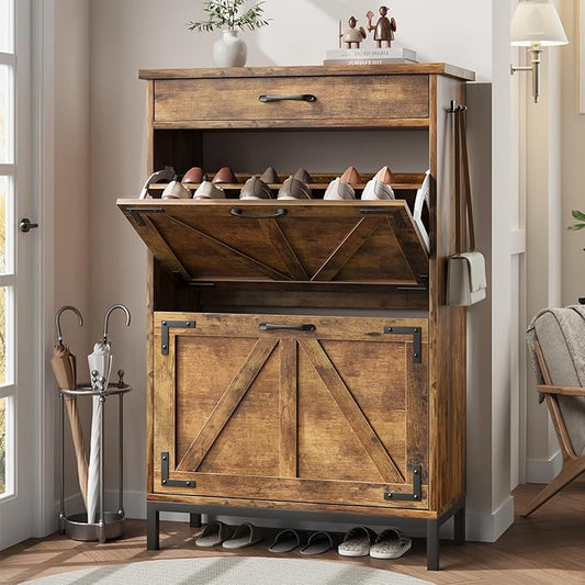 Shoe Storage Cabinet with 2 Flip Drawers, Narrow Shoe Cabinet for Entryway with 1 Top Drawer, Freestanding Hidden Shoe Rack Cabinet with Metal Legs for Foyer, Hallway (Rustic Brown)-NeatNest