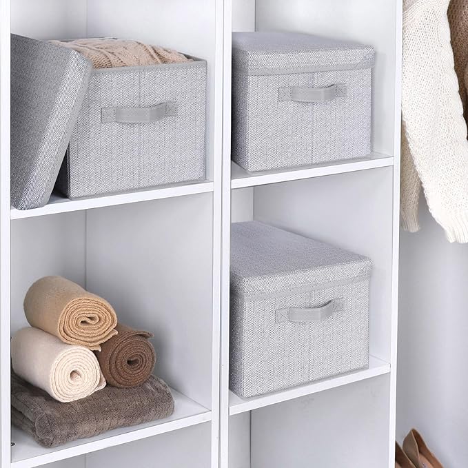 WUIKE 3 Pack Large Storage Bins with Lids, Fabric Closet Shelf Organizers, FoldableStorage Baskets with Cover for Bedroom, Herringbone Gray-NeatNest