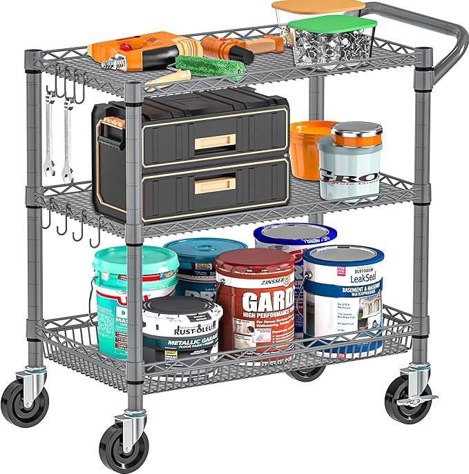 Rolling Cart with Wheels, Heavy Duty 3 Tier Metal Utility Cart 990lbs Capacity, Multi-Purpose Wire Rolling Storage Trolley for Kitchen Garage Office Commercial Use, Gray