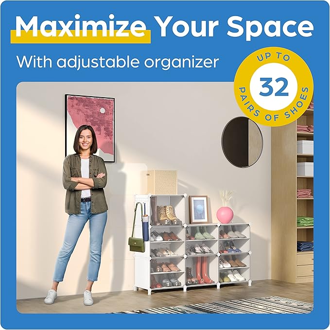 Shoe Organizer Cabinet Up to 32 Pairs, Shoe Closet-Portable Closed Shoe Rack with See-Through Door (Clear, Plastic, Stackable) Cubby Shoes Organizer with Covers, Hooks & Pockets, White-NeatNest