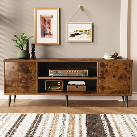 JUMMICO TV Stand for 65 Inch TV, Mid Century Modern TV Stand, Entertainment Center with Storage Cabinet and Open Shelves, TV Console Table Media Cabinet for Living Room, and Bedroom (Rustic Brown)-NeatNest