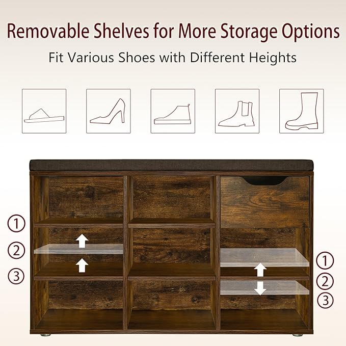 DINZI LVJ Shoe Bench, Entryway Storage Bench with Drawer and 8 Cubbies, Cubby Shoe Rack with Adjustable Shelves, Shoe Organizer Cabinet for Living Room, Bedroom, Mudroom and Garage, Rustic Brown-NeatNest