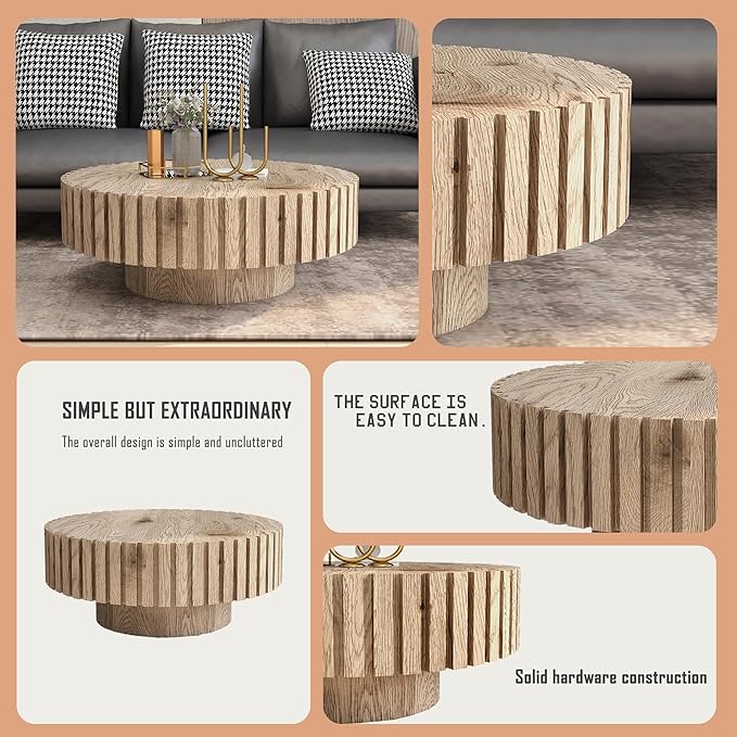 31.4" Round Modern Coffee Table, Wood Coffee Tables for Living Room, Minimalist Tea Table Circular Wooden Coffee Tables for Small Space Office Apartment Wood