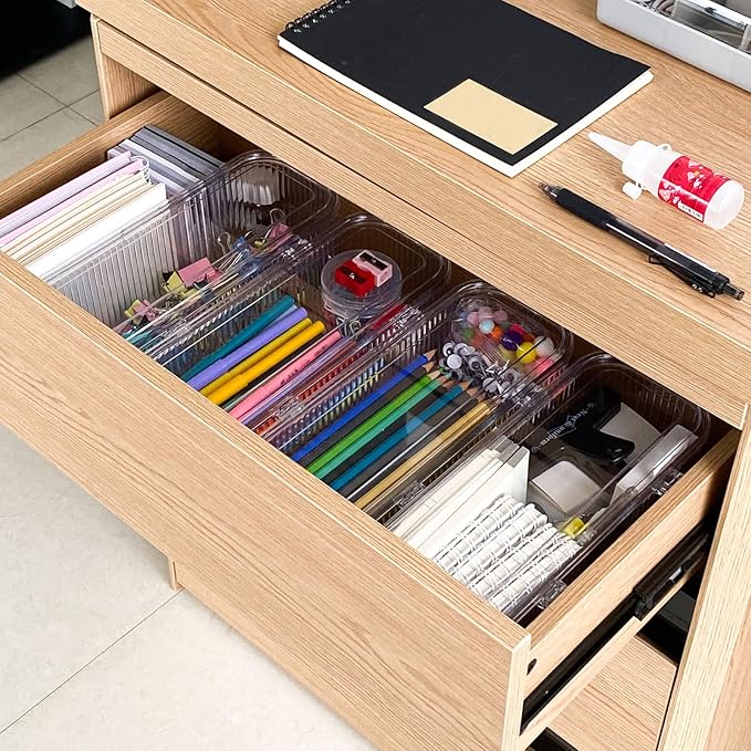 Clear Pen Organizer with Lid, Plastic Desk Drawer Accessories Storage Box for Home Office and School Classroom Organization, Art and Crafts Case for Marker, Pencils, Stationery-NeatNest