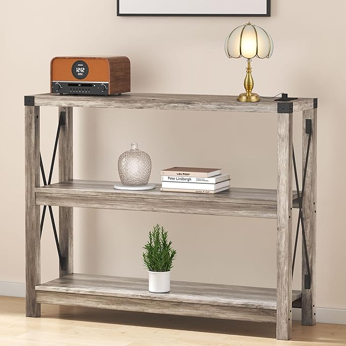 47.2" Entryway Table with Outlets and USB Ports, Console Table with 3-Tier Open Storage Shelves, Wooden Sofa Table with Metal X-Shaped Design for Living Room/Couch/Hallway/Foyer (Wash Gray)-NeatNest