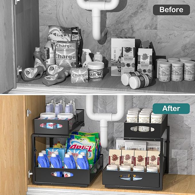 1 Pack Large Under Sink Organizer, 2 Tier Metal Pull Out Under Sink Storage with Sliding Mesh Drawers, Height Adjustable Slide Out Under Cabinet Organizer for Kitchen Bathroom, Black-NeatNest