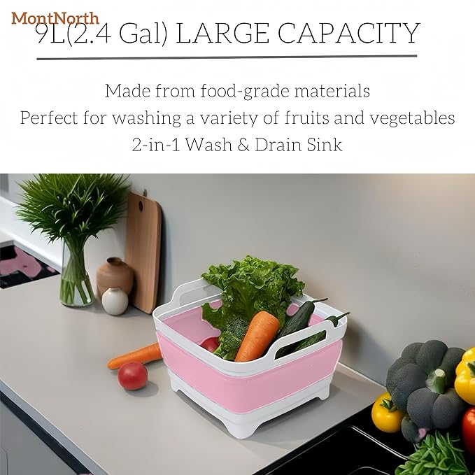 Collapsible Wash Basin 9L, Foldable Dish Tub with Drain Plug, Portable Collapsible Dish Basin, Camping Sink for Washing Dishes, Laundry & Kitchen Use (Pink)-NeatNest