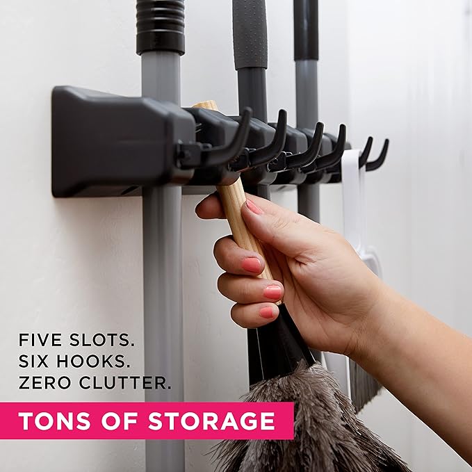 Combo 5 Slot Broom Holder w/ 1 Self Adhesive Mop Gripper No-Drilling, Wall Mount Tool Organizers For Kitchen, Garage, Laundry Room- Anti-Slip Hanger For Brooms, Mops, Rakes, Dustpans (Black / Black)-NeatNest