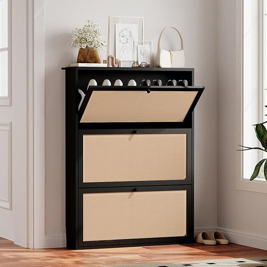 AVZEAR Narrow Shoe Storage Cabinet for Entryway with Natural Linen Panel, Freestanding Slim Shoe Cabinet with 3 Flip Drawers, Wood Shoe Organizer Closed Shoe Rack for Hallway, Living Room(Black)-NeatNest