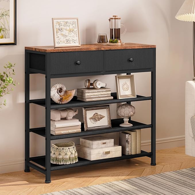 Usikey 4 Tier Shoe Rack With 2 Drawers, Metal Shelf for 9-12 Pairs, 3 Fabric Shelves and Wooden Top, Storage Organizer Stand for Closet Entryway, Black-NeatNest