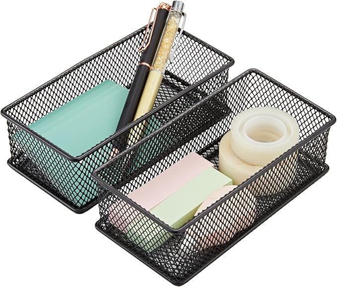 Annova Mesh Drawer Cabinet and Shelf Organizer Bins Storage Basket School Office Supply Holder Tray- Set of 2 (Black, 3x6x2 Inch)-NeatNest