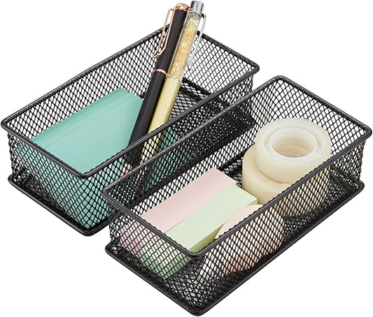 Annova Mesh Drawer Cabinet and Shelf Organizer Bins Storage Basket School Office Supply Holder Tray- Set of 2 (Black, 3x6x2 Inch)-NeatNest