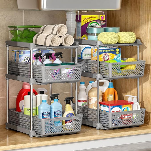 2Pcs 3 Tier Bathroom Organizers, WIDER BOLDER Pull Out Under Sink Organizer with Dividers, Kitchen and Bathroom Storage Cabinet - Gray-NeatNest