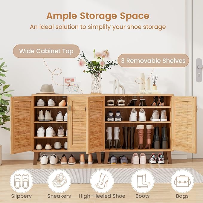 Giantex Shoe Cabinet with Doors, 4-Tier Farmhouse Shoe Rack Cabinet with 3 Adjustable Shelves, Freestanding Wood Shoe Storage Cabinet for Entryway, Closet, Hallway, Living Room-NeatNest