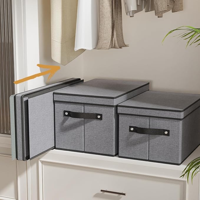Clothing Storage Bins, Blanket Baskets for Shelves, Fabric Cubes with Handles and Lids, Decorative Linen Closet Organizers Boxes, Gray, 5 Pack, 16.5 x 11.8 x 10.2 Inch-NeatNest