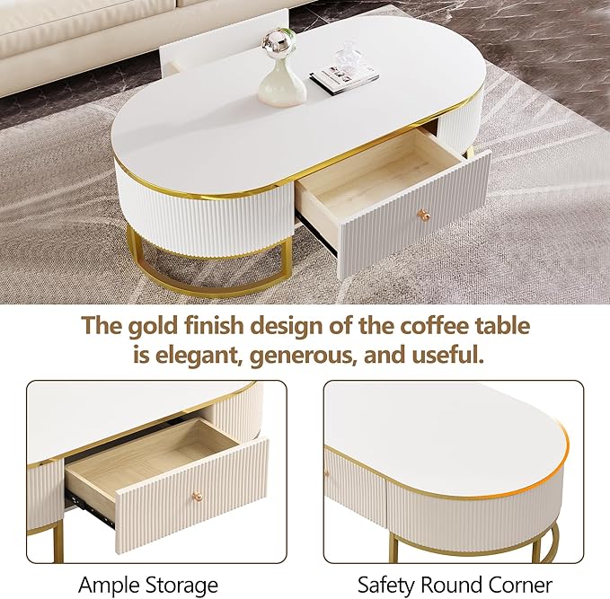47.2" Modern Oval Coffee Table with Drawers, Curved Profile Design, Gold Metal Decor End Tables Sofa Table for Living Room Office Bedroom Balcony, White & Gold