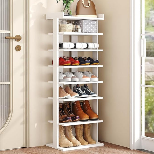 HOMEFORT 7-Tier Wood Shoe Rack, Double Rows 7-Tier Shoe Shelf, Shoe Storage Stand, Entryway Shoe Tower, Vertical Shoe Organizer Perfect for Narrow Closet, Entryway, Hallway, Bedroom in White-NeatNest