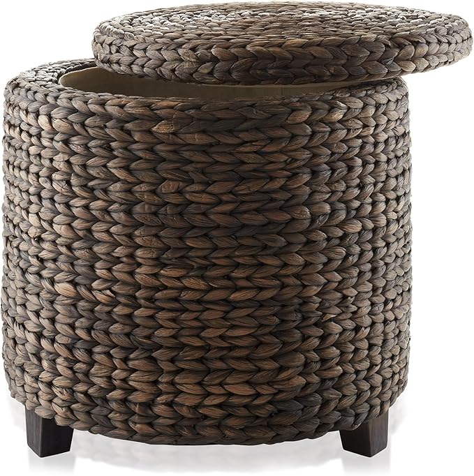 Casafield 17" Round Storage Ottoman with Lid - Espresso, Handwoven Water Hyacinth Footstool for Living Room, Bedroom, Bathroom, Home Office-NeatNest