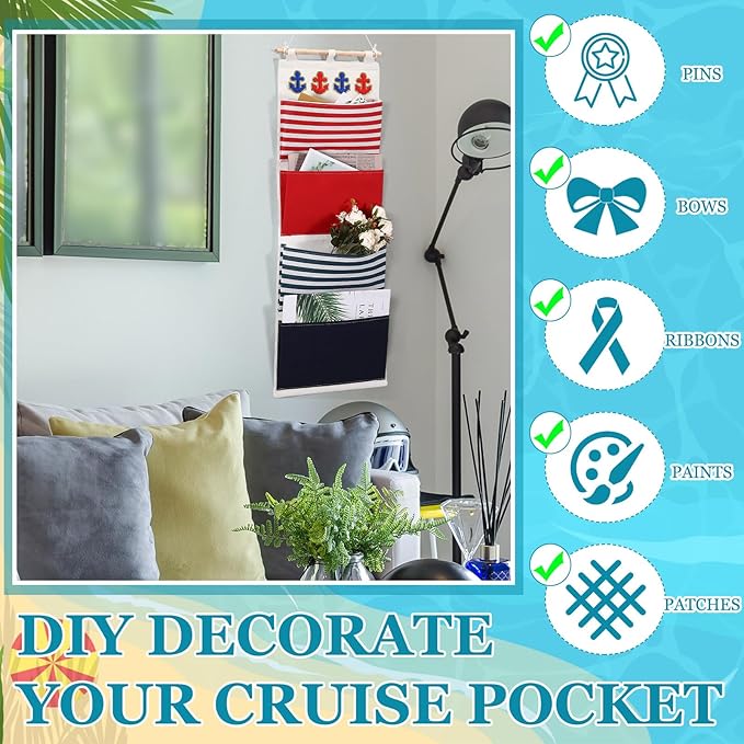 Fish Extender Cruise Gift Hanging Organizer with 4 Pockets and 4 Pcs Iron on Anchor Patches Cabin Door Hanger Storage Bag 2025 FE for Exchange Gifts and Pixie Dusting(Red, Blue)-NeatNest