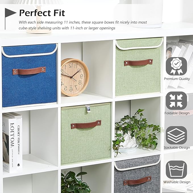 2PCS Storage Cubes with Lid Fabric Storage Bin Box PU Leather Handles Cotton Linen Closet Organizer Container Decorative Foldable Washable Shelf Cloth Basket (Zipper Lid, Deep Blue, 11in)-NeatNest