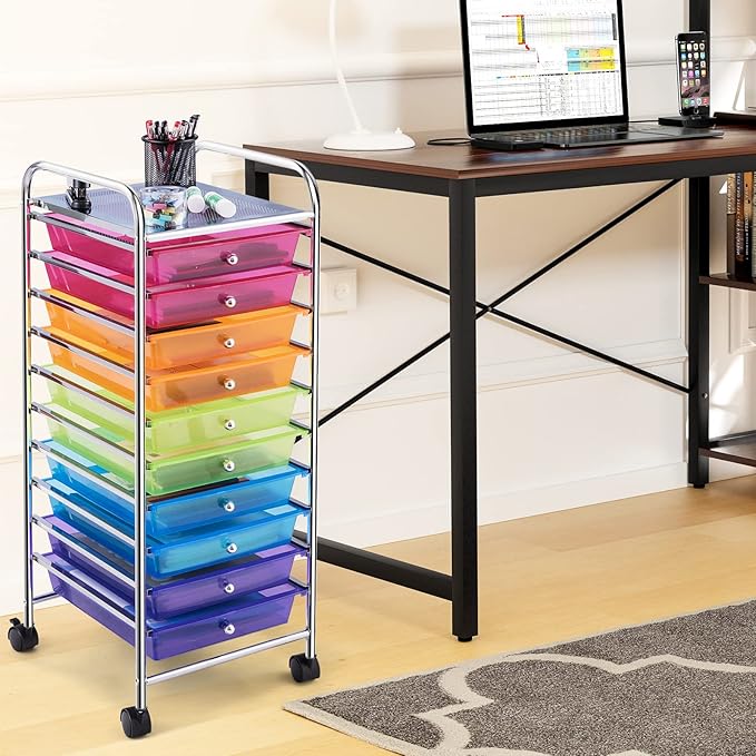 COSTWAY 10-Drawer Rolling Storage Cart, Utility Mobile Trolley with Removable Drawers & Universal Casters & 2 Brakes, Versatile Flexible Drawer Organizer Cart for Home, Office (Rainbow)-NeatNest