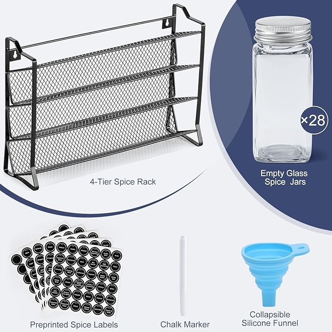 AOZITA Spice Rack Organizer with 28 Empty Spice Jars with Silver Lids, Funnel, Labels - Seasoning Organizer for Countertop, Cabinet, Kitchen, Pantry
