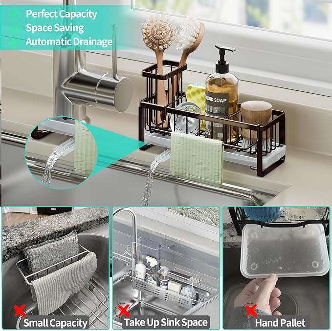 HapiRm Sponge Holder for Kitchen Sink - Self-draining Sink Caddy with Brush and Dishcloth Holders, Stainless Steel Kitchen Organizer for Countertop - Bronze