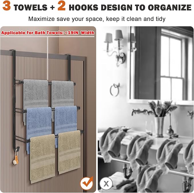 Livabber 3-Tier Over The Door Towel Rack, All Metal Towel Rack with Hooks for Door Hanging, Behind Door Towel Bar Towel Storage Holder for Bathroom Accessories, 19.37" L x 5.9" Wx 24.4" H(Black)