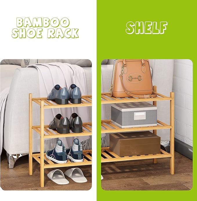 BMOSU 3-Tier Bamboo Shoe Rack Premium Stackable Shoe Shelf Storage Organizer for Hallway Closet Living Room Entryway Organizer (Natural Bamboo)-NeatNest