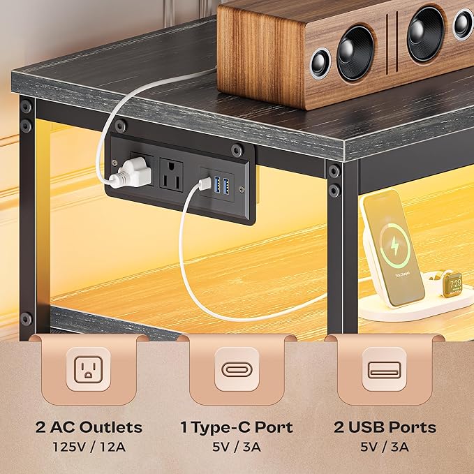Huuger 63 Inch TV Stand for 55, 65, 70 Inch TV, Long Dresser TV Stand for Bedroom, Charcoal Black LED TV Stand with Power Outlets, Fabric Dresser with Storage, Entertainment Center for Living Room-NeatNest