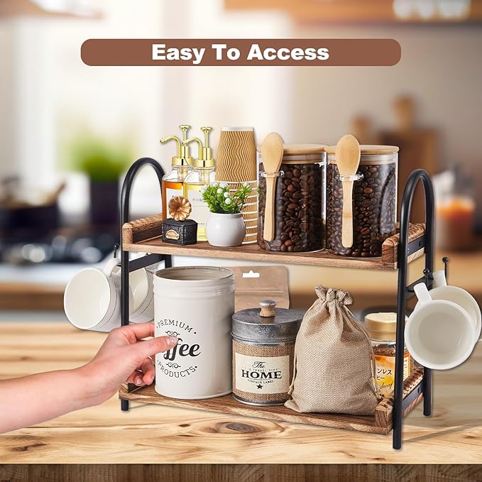 Coffee Bar Accessories, 2-Tier Coffee Bar Organizer with 4 Coffee Cup Holder Hooks, Mul-tifunctional Wooden Beaded Coffee Station Countertop Stand Shelf for Kitchen Home Office-NeatNest