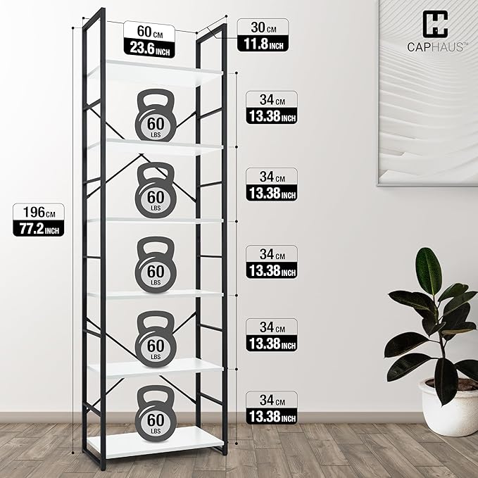 CAPHAUS 6 Tier Bookshelf, 24 Inch Width Free Standing Shelf, Bookcase Shelf Storage Organizer, Industrial Book Shelves for Home Office, Living Room, Kitchen, White Shelves & Metal Frame-NeatNest