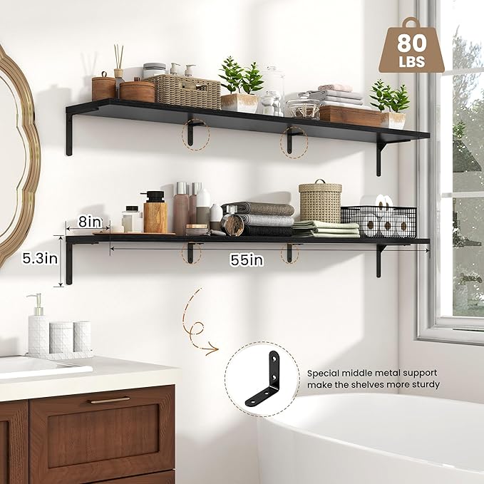 Fun Memories Deep Floating Shelves, 55W x 8D Floating Shelves Set of 2, Wall Mounted Shelf with Metal Brackets, Rustic Wood Wall Shelf for Bathroom, Kitchen and Living Room, Black-NeatNest